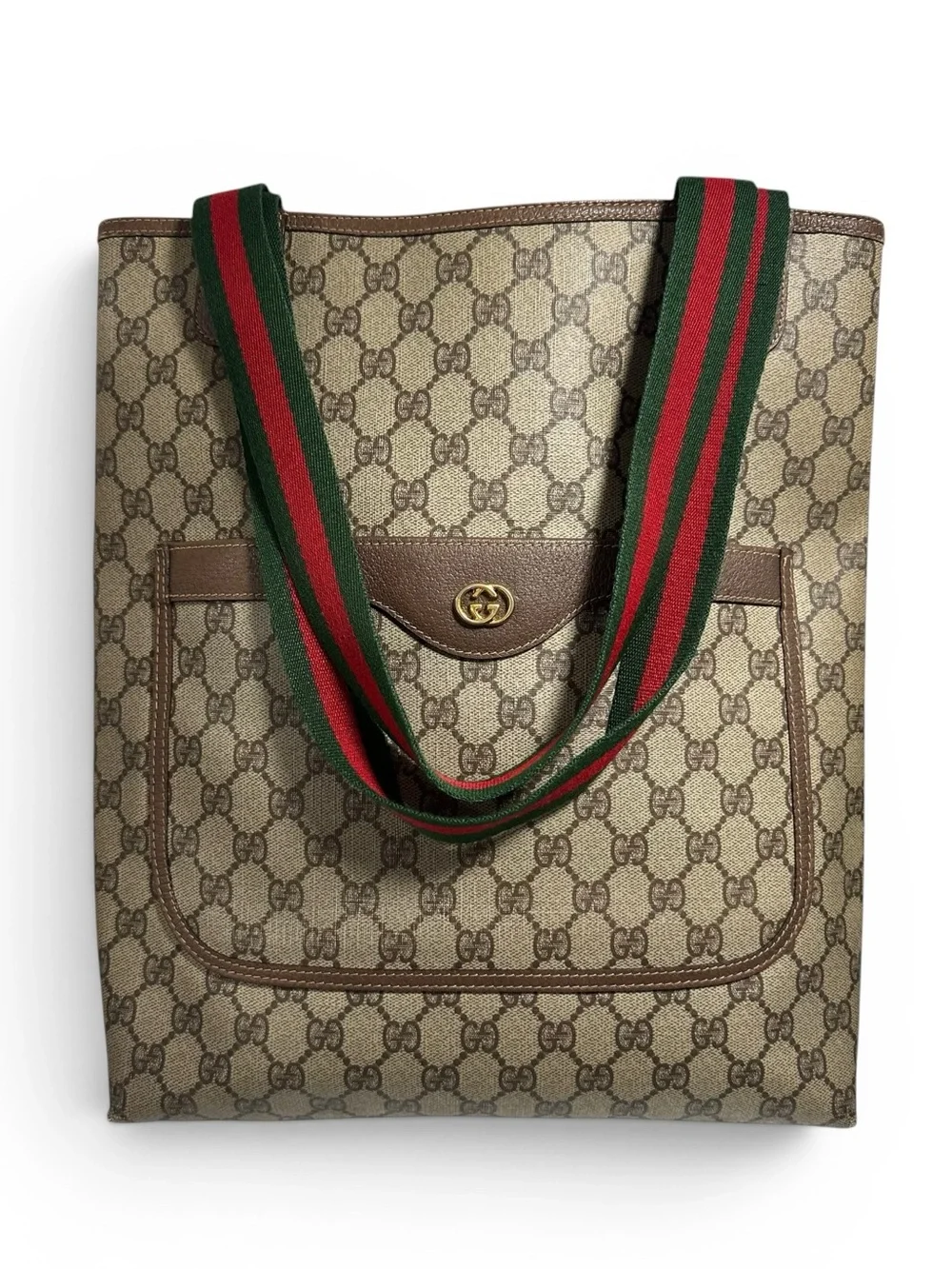 Gucci GG Supreme Canvas & Brown Leather Red Green Sherry Stripe Vintage Tote Bag_10
